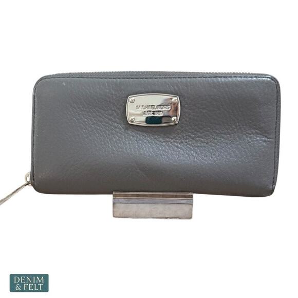 Michael Kors Grey Leather Continental Zip Around Long Wallet Clutch Purse - Picture 1 of 13